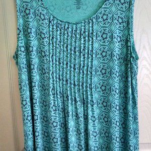 Croft & Barrow Turquoise Print Sleeveless With Pintuck Front Top Size XL  A7